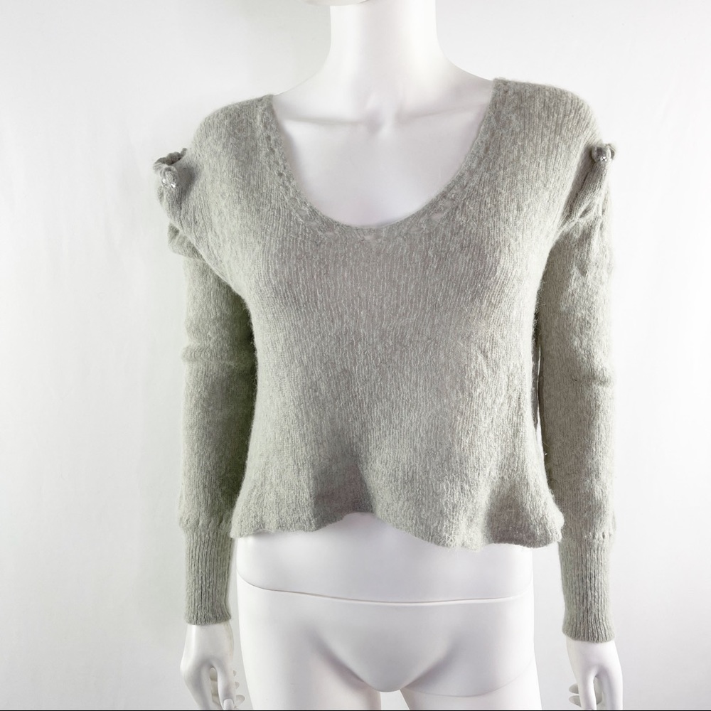 WILDFOX Size XS Light Gray Knit Crop Pullover Sweater with Ruffles & Rhinestones